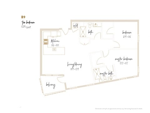 Floor plan for 2 beds, 2 baths, 1329 sqft